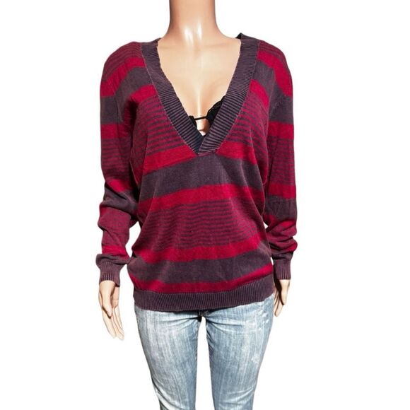 Pulp long sleeve v neck knit pullover stripe sweater top  L - Picture 2 of 6